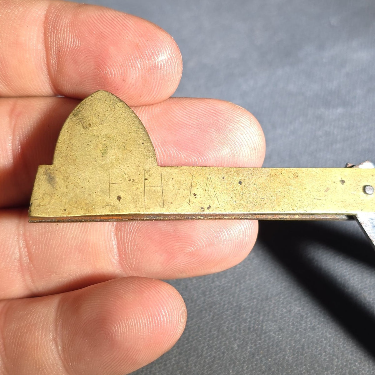 Antique Brass and Steel Folding Fleam with Two Blades, Engraved "P.H.M." on Handle