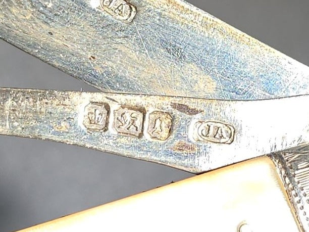 Antique Sterling Silver and Mother of Pearl Two-Blade Folding Pocket Knife with Shield Cartouche, Sheffield Hallmarks, 1899