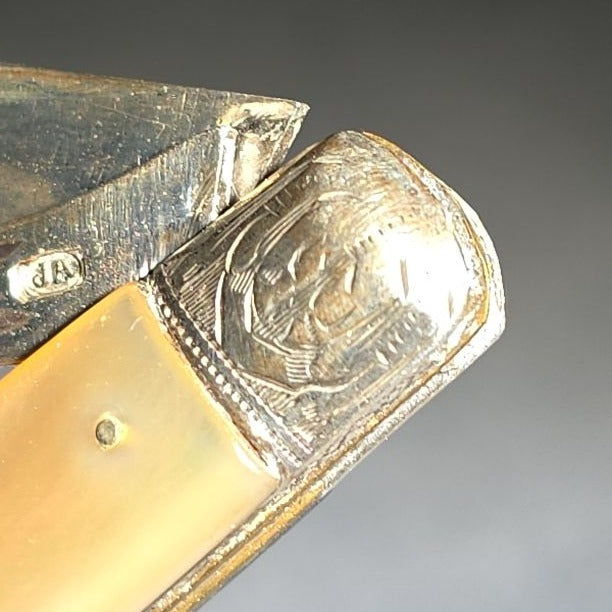Antique Sterling Silver and Mother of Pearl Two-Blade Folding Pocket Knife with Shield Cartouche, Sheffield Hallmarks, 1899