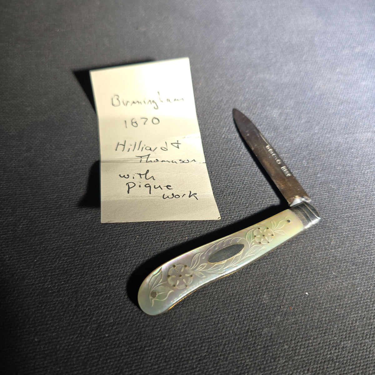 Antique Sterling Silver and Mother-of-Pearl Piqué Work Folding Pocket Knife, Manufactured by Hilliard & Thomason, Birmingham, England, 1870