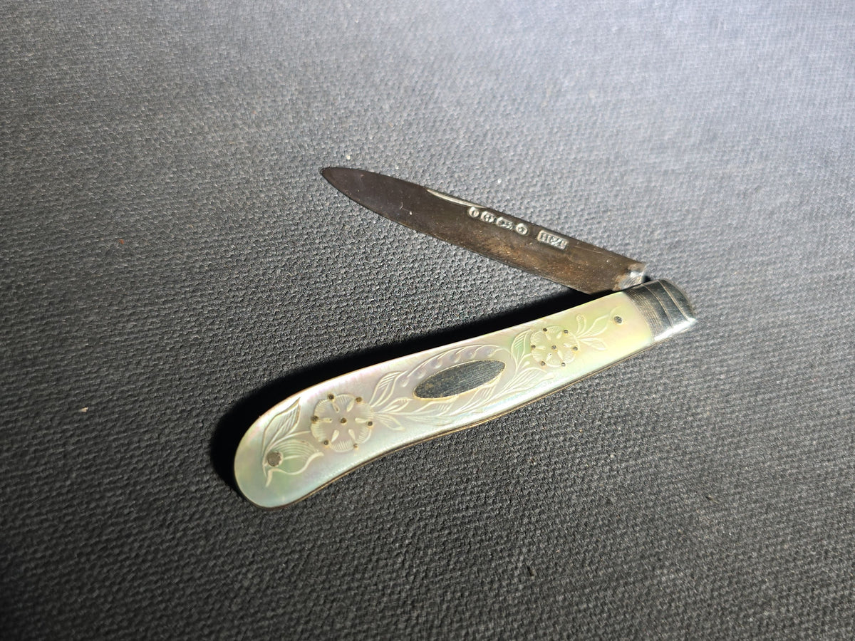 Antique Sterling Silver and Mother-of-Pearl Piqué Work Folding Pocket Knife, Manufactured by Hilliard & Thomason, Birmingham, England, 1870
