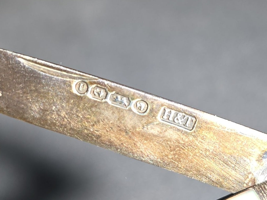 Antique Sterling Silver and Mother-of-Pearl Piqué Work Folding Pocket Knife, Manufactured by Hilliard & Thomason, Birmingham, England, 1870