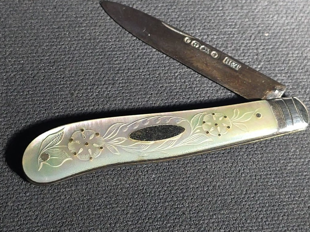 Antique Sterling Silver and Mother-of-Pearl Piqué Work Folding Pocket Knife, Manufactured by Hilliard & Thomason, Birmingham, England, 1870