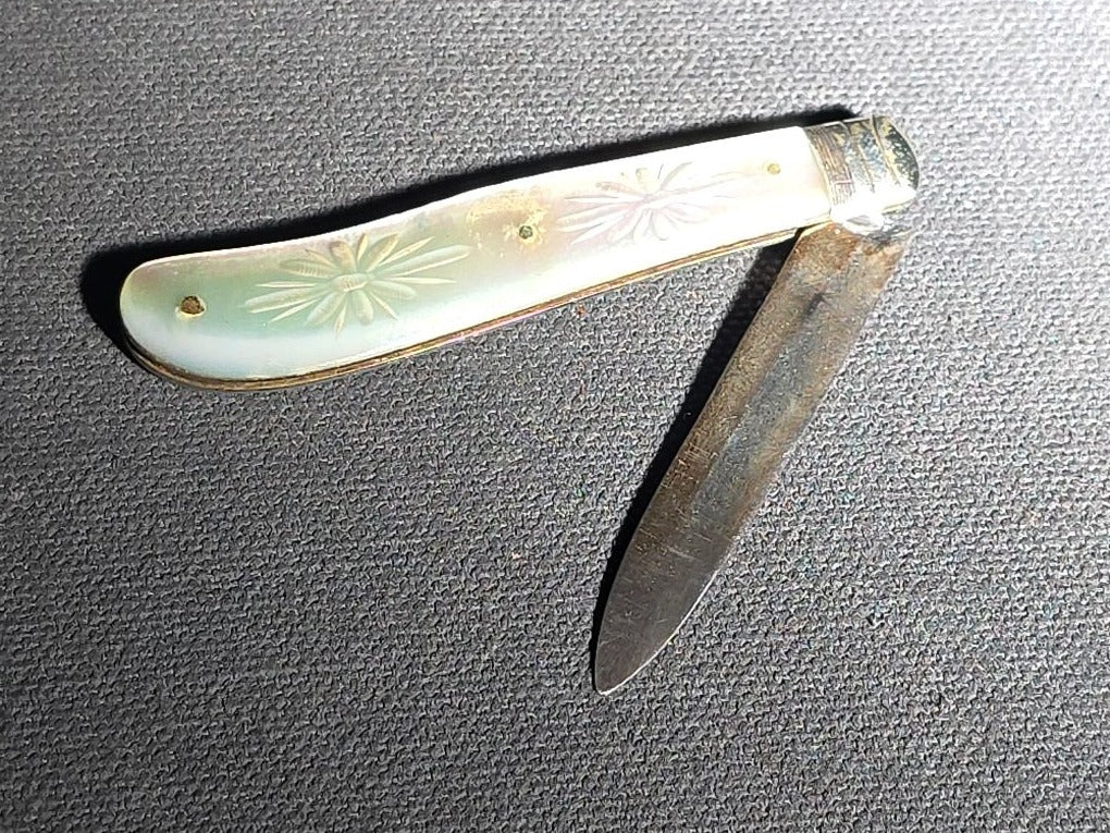 Antique Sterling Silver and Mother-of-Pearl Piqué Work Folding Pocket Knife, Manufactured by Hilliard & Thomason, Birmingham, England, 1870