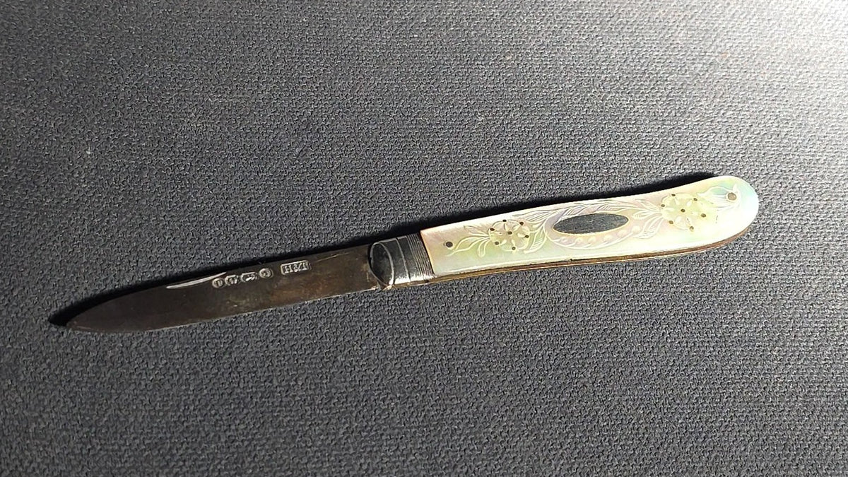 Antique Sterling Silver and Mother-of-Pearl Piqué Work Folding Pocket Knife, Manufactured by Hilliard & Thomason, Birmingham, England, 1870