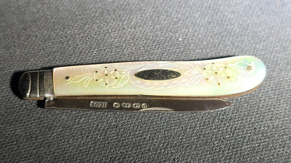Antique Sterling Silver and Mother-of-Pearl Piqué Work Folding Pocket Knife, Manufactured by Hilliard & Thomason, Birmingham, England, 1870