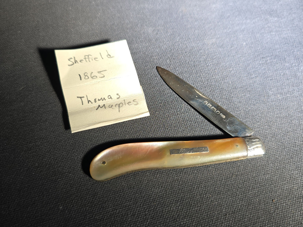 Antique Sterling Silver and Mother-of-Pearl Folding Pocket Knife with Monogrammed Cartouche, Manufactured by Thomas Marples, Sheffield, England, 1865