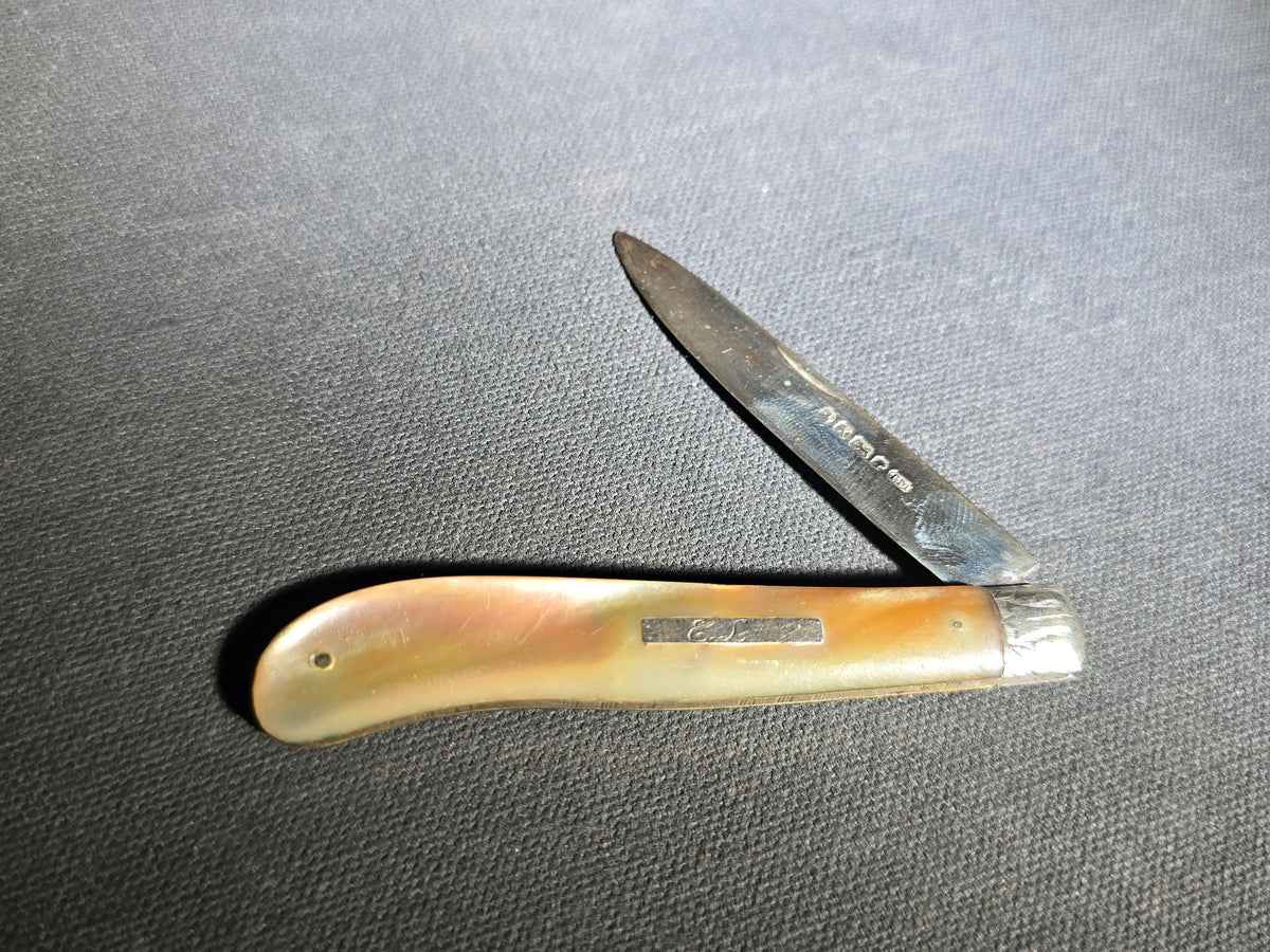 Antique Sterling Silver and Mother-of-Pearl Folding Pocket Knife with Monogrammed Cartouche, Manufactured by Thomas Marples, Sheffield, England, 1865