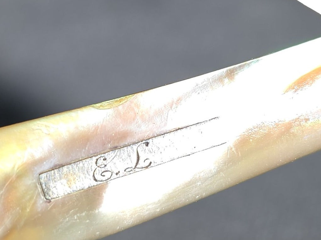 Antique Sterling Silver and Mother-of-Pearl Folding Pocket Knife with Monogrammed Cartouche, Manufactured by Thomas Marples, Sheffield, England, 1865