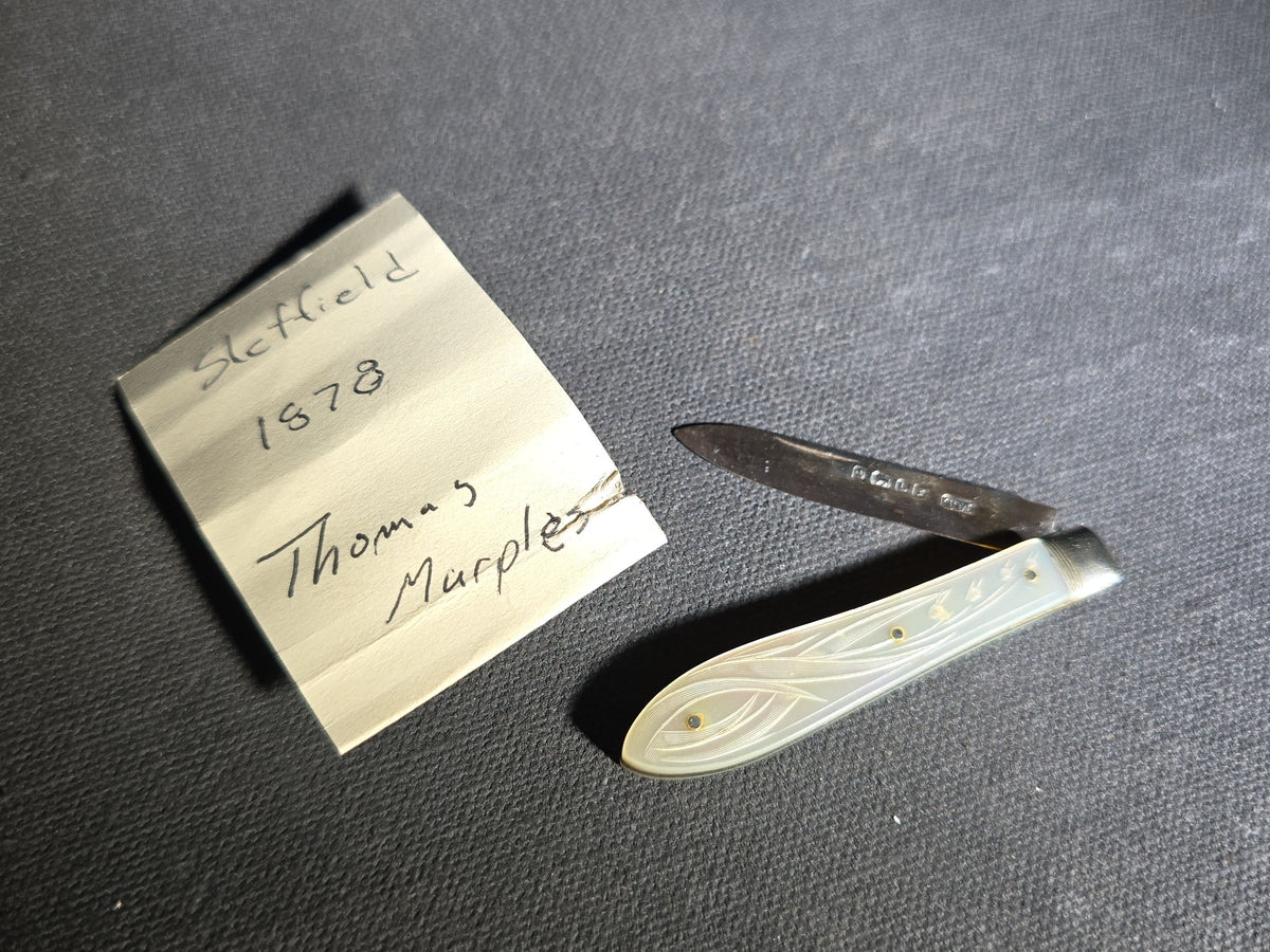 Antique Sterling Silver Folding Pocket Knife with Carved Mother-of-Pearl Handle Scales, Manufactured by Thomas Marples, Sheffield, England, 1878