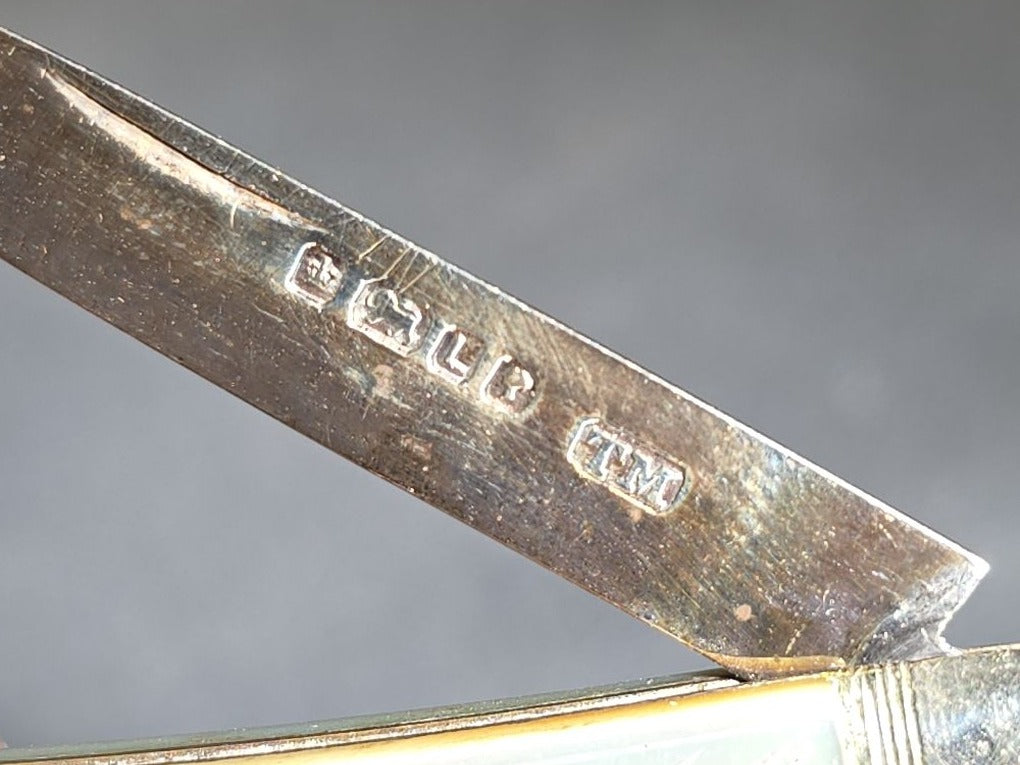Antique Sterling Silver Folding Pocket Knife with Carved Mother-of-Pearl Handle Scales, Manufactured by Thomas Marples, Sheffield, England, 1878
