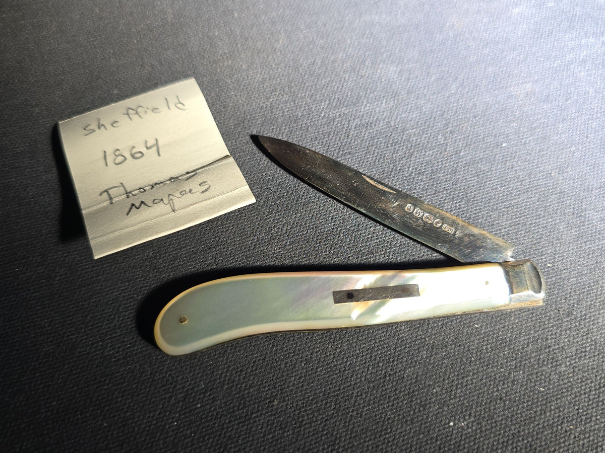 Antique Sterling Silver and Mother-of-Pearl Folding Pocket Knife with Sheffield Hallmarks, Manufactured by Thomas Marples, Sheffield, England, 1864