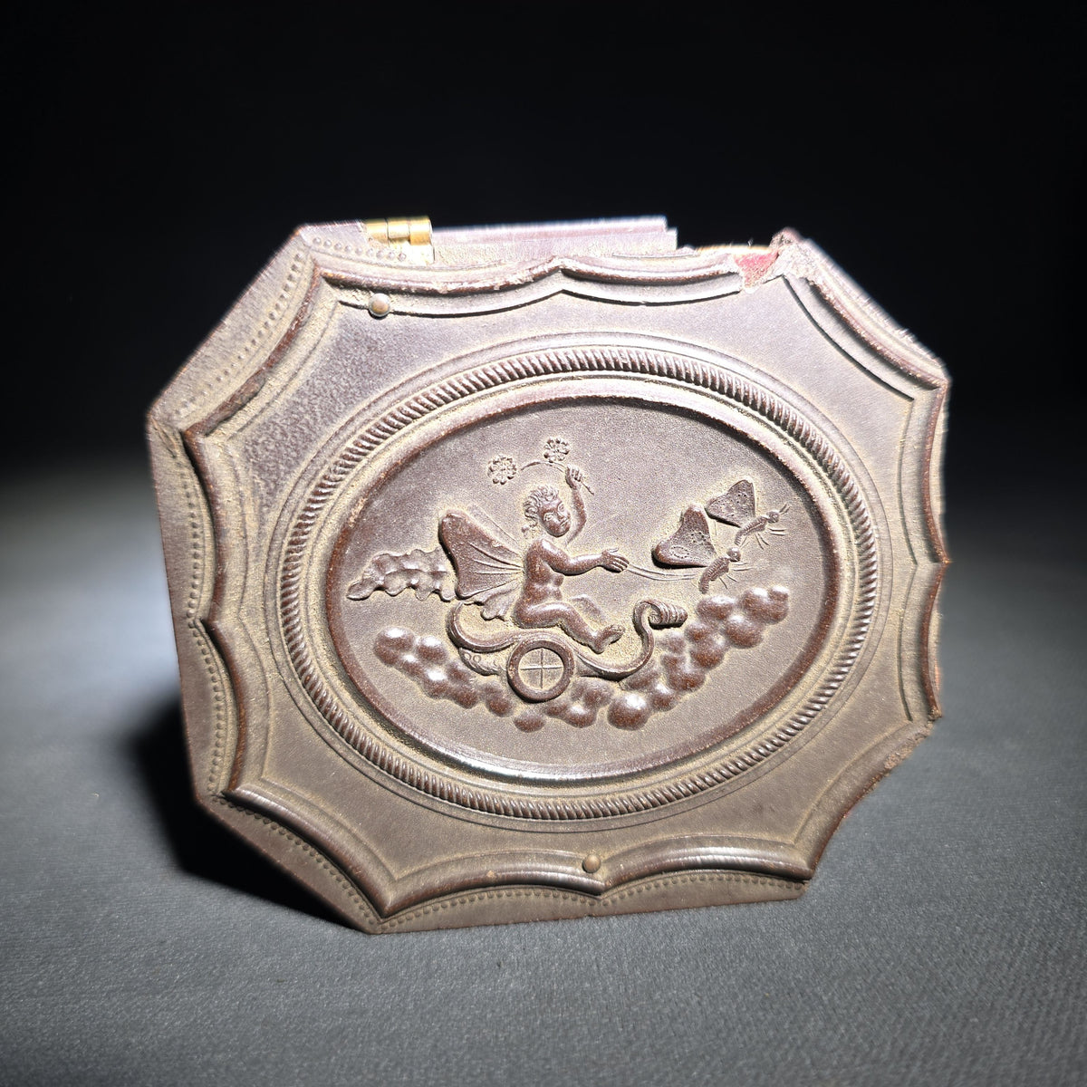 Antique 1/6th Plate Ambrotype Photograph of a Father and Young Son in Thermoplastic Union Case with Winged Cherub and Butterfly Chariot Design