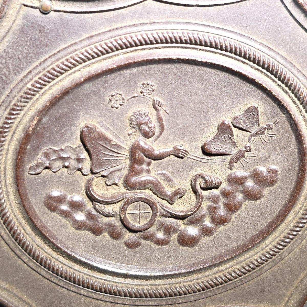 Antique 1/6th Plate Ambrotype Photograph of a Father and Young Son in Thermoplastic Union Case with Winged Cherub and Butterfly Chariot Design