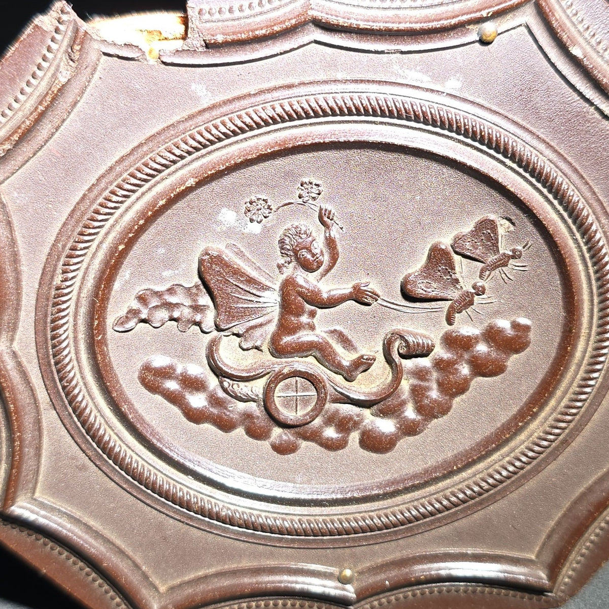 Antique 1/6th Plate Ambrotype Photograph of a Father and Young Son in Thermoplastic Union Case with Winged Cherub and Butterfly Chariot Design
