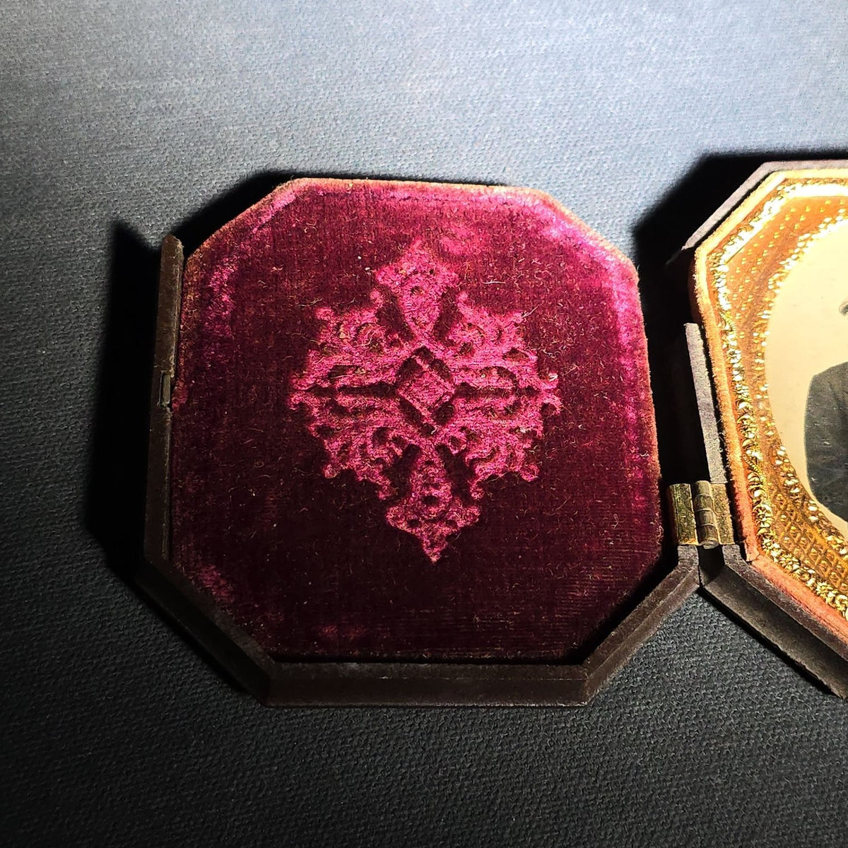 Antique 1/6th Plate Ambrotype Photograph of a Father and Young Son in Thermoplastic Union Case with Winged Cherub and Butterfly Chariot Design