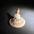 Lot 117 - Antique German Porcelain Half-Doll Powder Puff with Pink Silk Skirt and Velvet Base, Marked Germany, 3" H