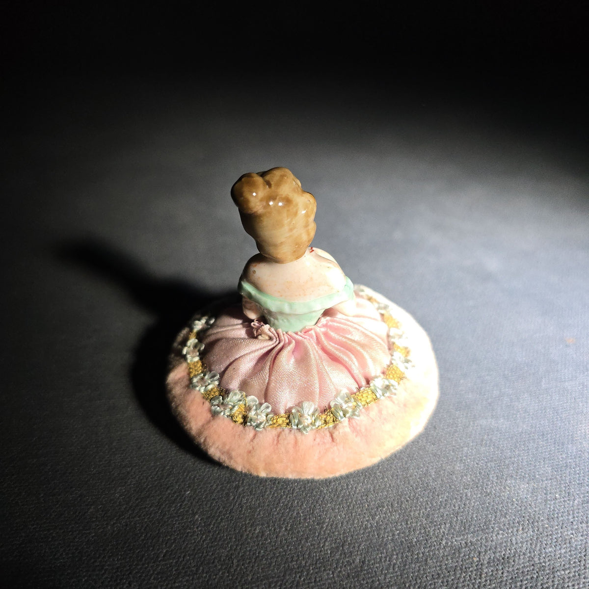 Antique German Porcelain Half-Doll Powder Puff with Pink Silk Skirt and Velvet Base, Marked Germany