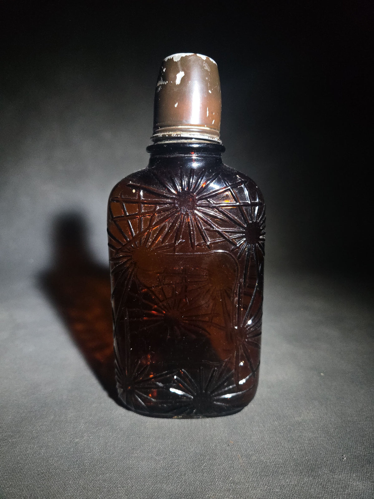 Vintage Amber Glass Starburst Pattern Whiskey Flask with Metal Cap, Consolidated Distilleries Limited, Montreal, Canada