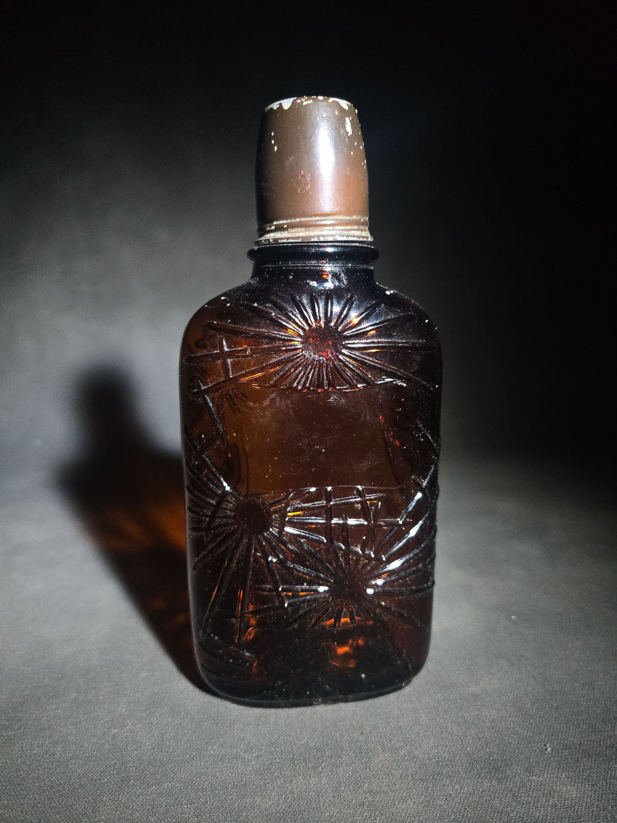 Vintage Amber Glass Starburst Pattern Whiskey Flask with Metal Cap, Consolidated Distilleries Limited, Montreal, Canada