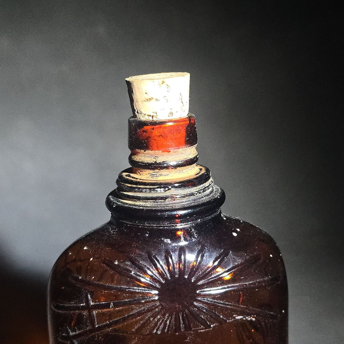 Vintage Amber Glass Starburst Pattern Whiskey Flask with Metal Cap, Consolidated Distilleries Limited, Montreal, Canada