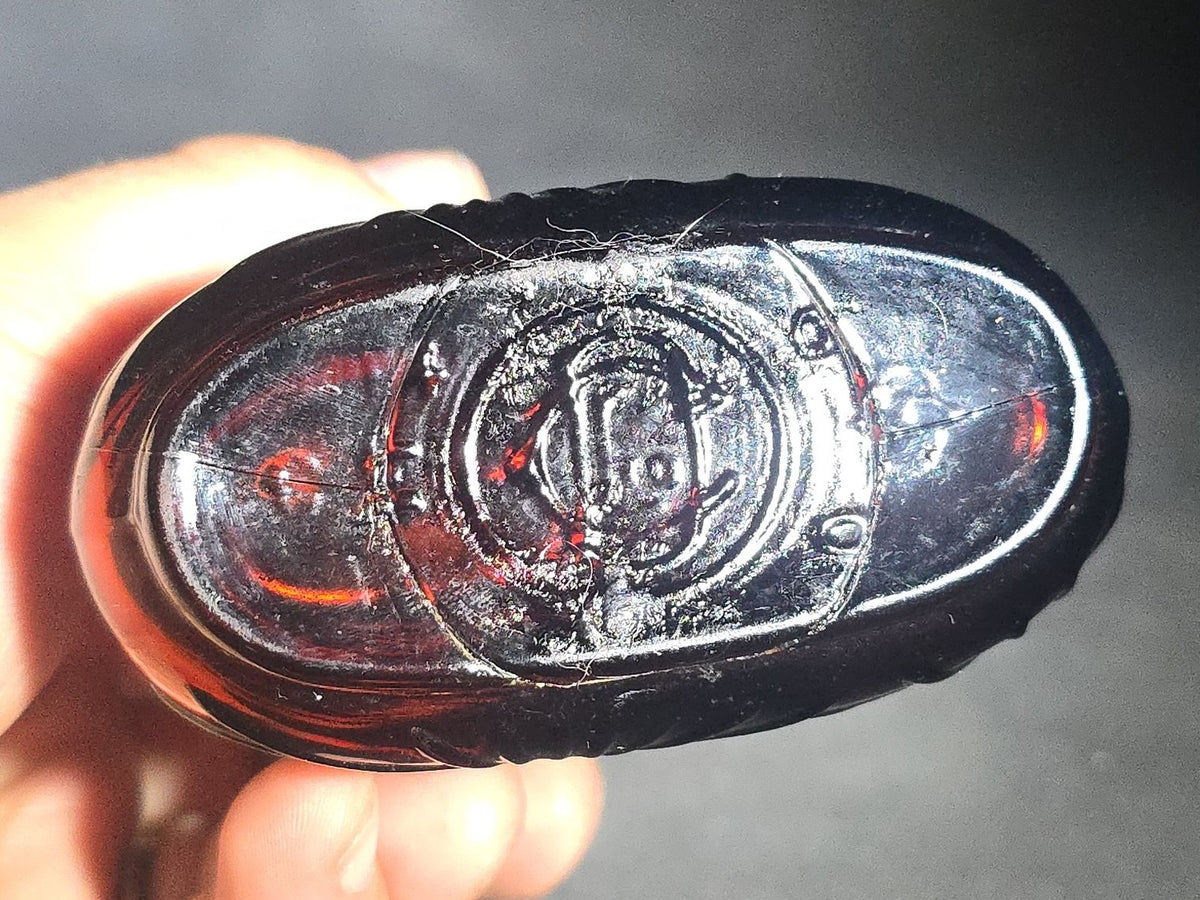 Vintage Amber Glass Starburst Pattern Whiskey Flask with Metal Cap, Consolidated Distilleries Limited, Montreal, Canada