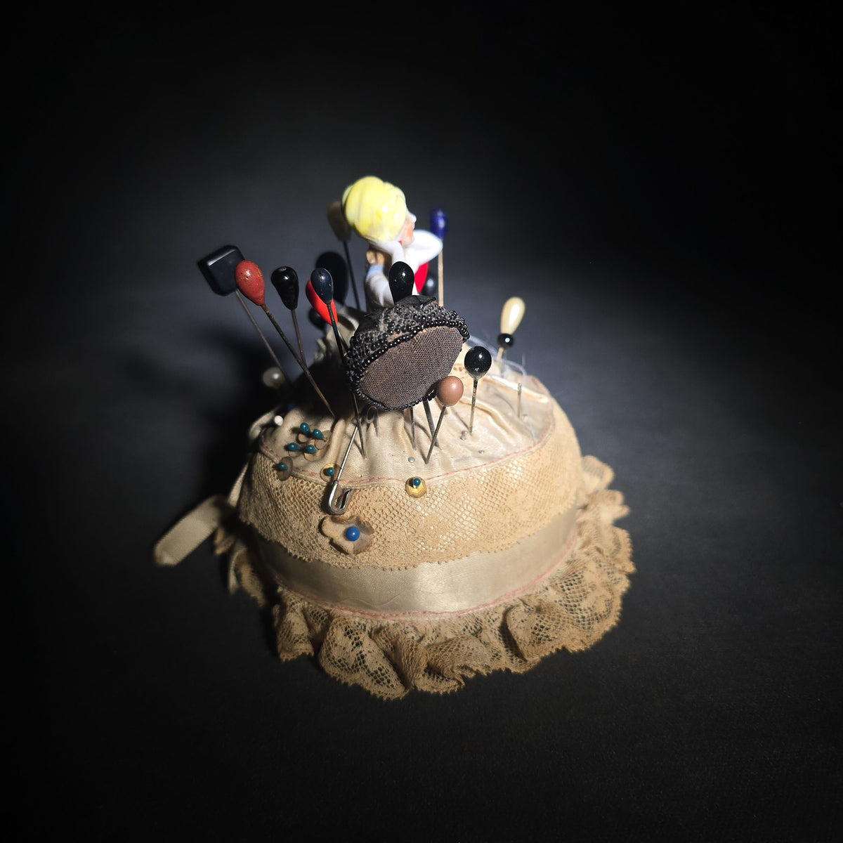 Antique Porcelain Half-Doll Pincushion with Hatpins and Sewing Pins, Lace and Ribbon Trim