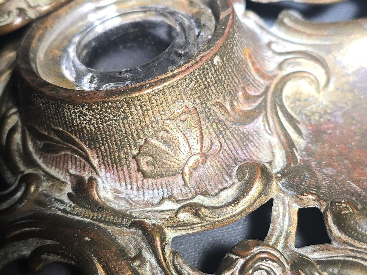 Antique Cast Metal Rococo-Style Inkstand with Cherub Finial, Glass Ink Insert, Hinged Lid, and Shell-Form Pen Tray