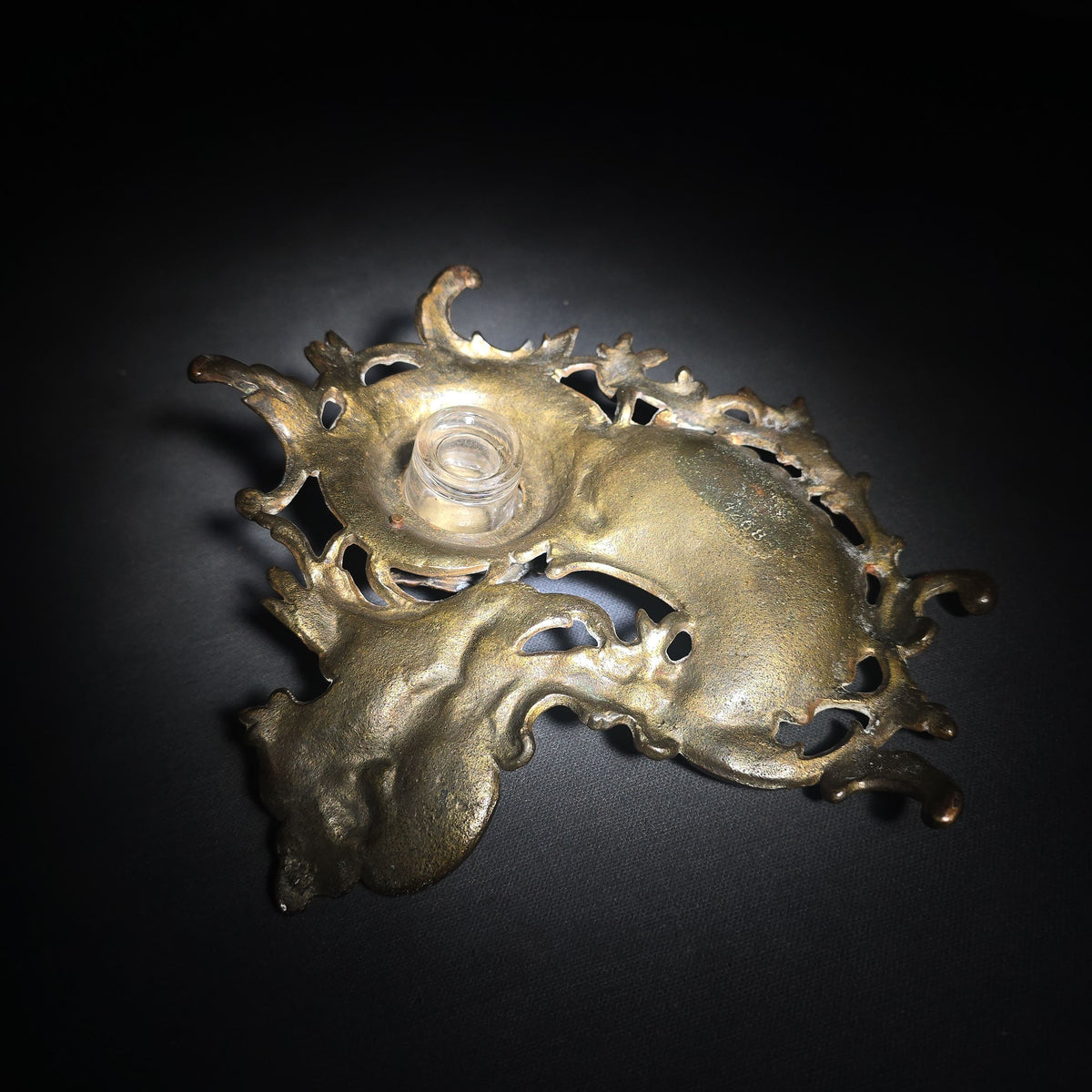 Antique Cast Metal Rococo-Style Inkstand with Cherub Finial, Glass Ink Insert, Hinged Lid, and Shell-Form Pen Tray