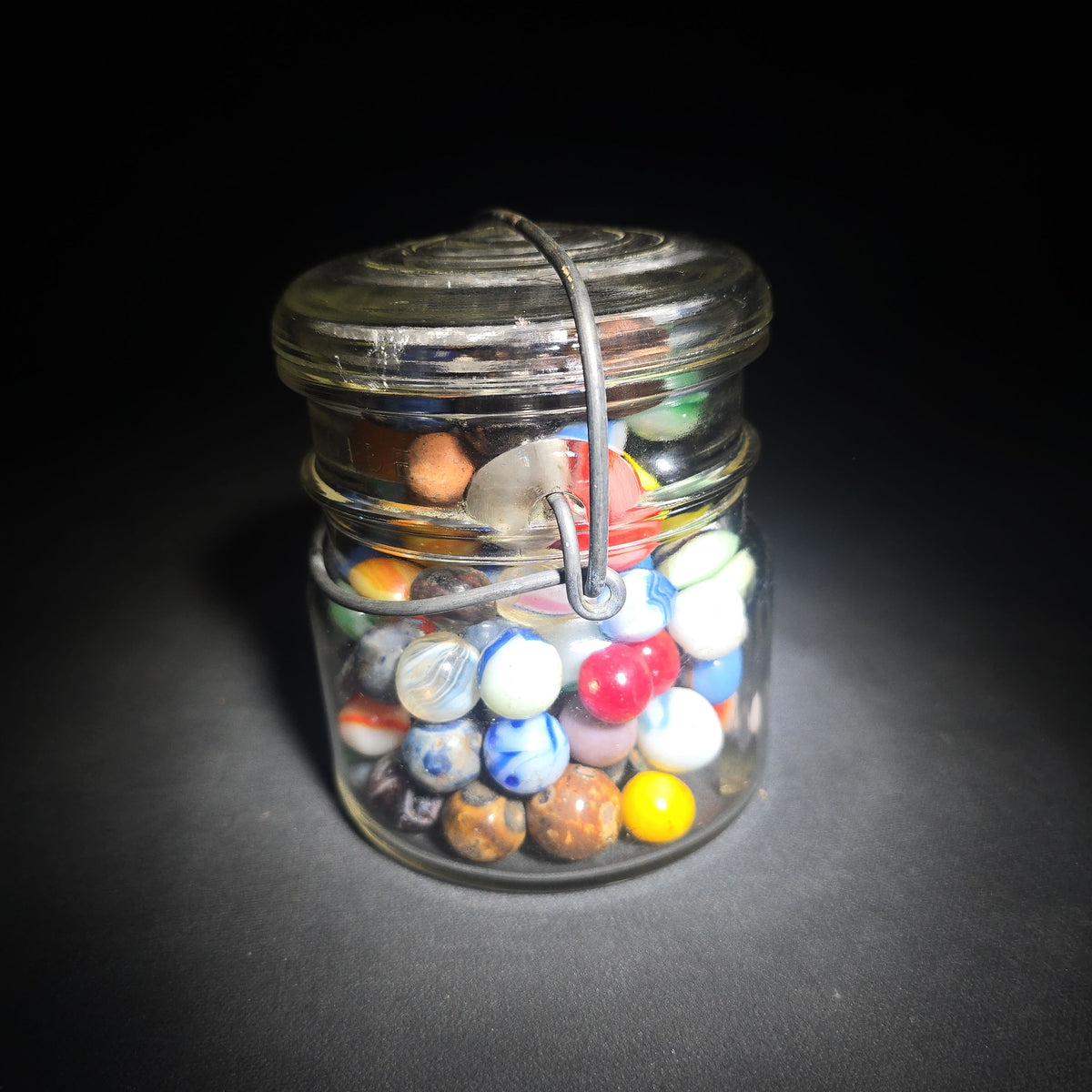 Vintage Glass Marbles in Ball Eclipse Wide Mouth Jar with Wire Bail, including UV-Reactive Uranium Glass Marbles