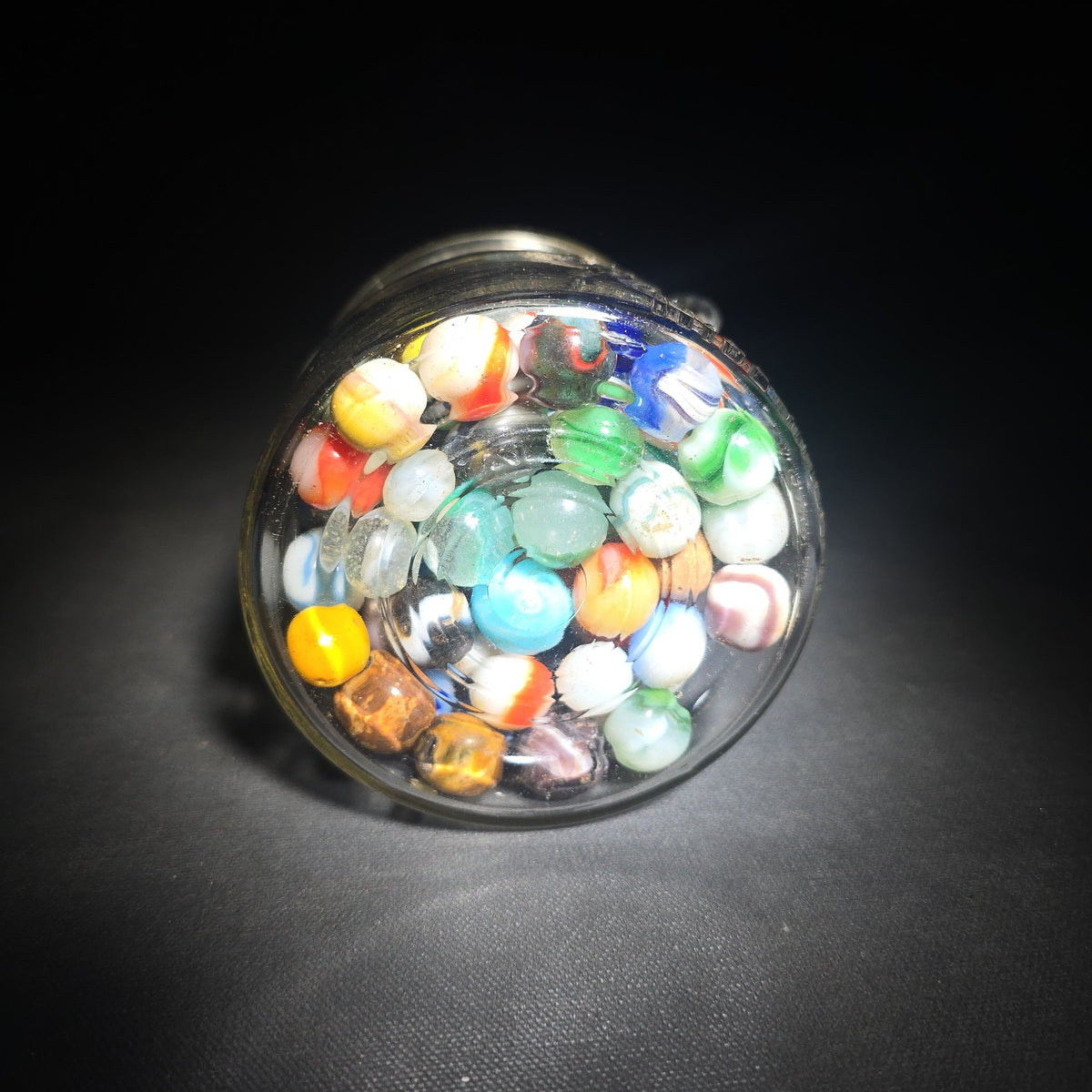Vintage Glass Marbles in Ball Eclipse Wide Mouth Jar with Wire Bail, including UV-Reactive Uranium Glass Marbles
