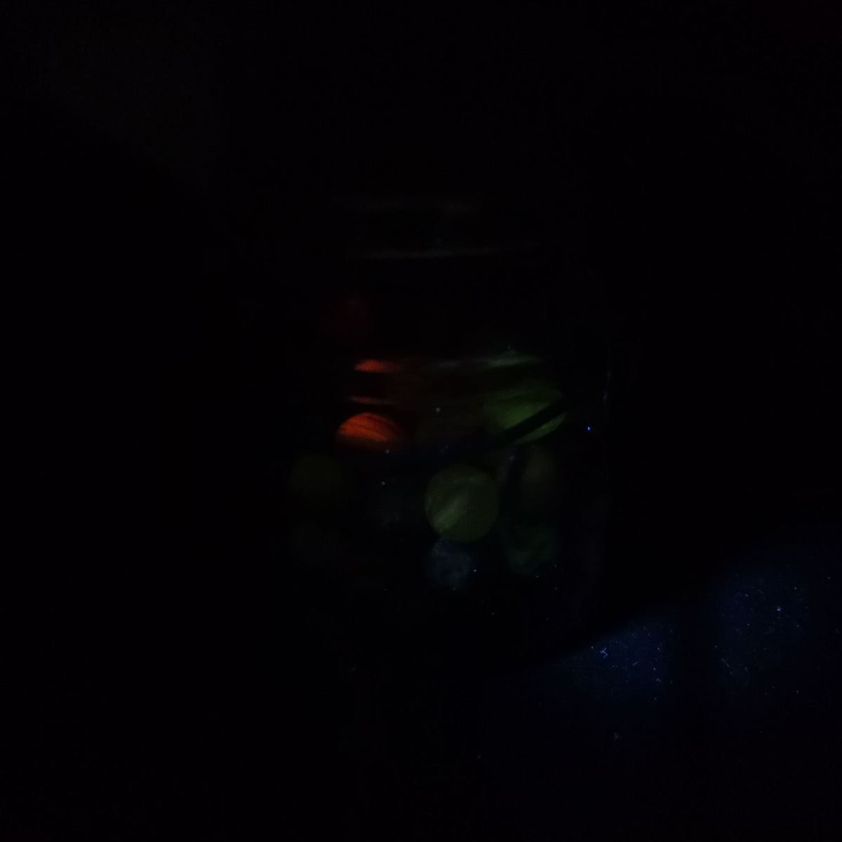Vintage Glass Marbles in Ball Eclipse Wide Mouth Jar with Wire Bail, including UV-Reactive Uranium Glass Marbles
