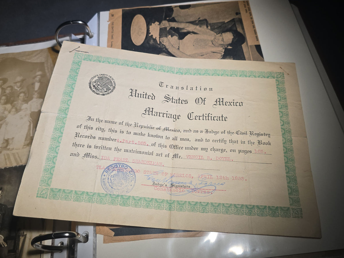 Vintage Mexican-American Family Photo Album and Scrapbook, Barron and Lira Families, Caldwell, Texas, Circa 1930s-1950s, Including Photographs, Marriage Certificate, Newspaper Clippings, and Ephemera