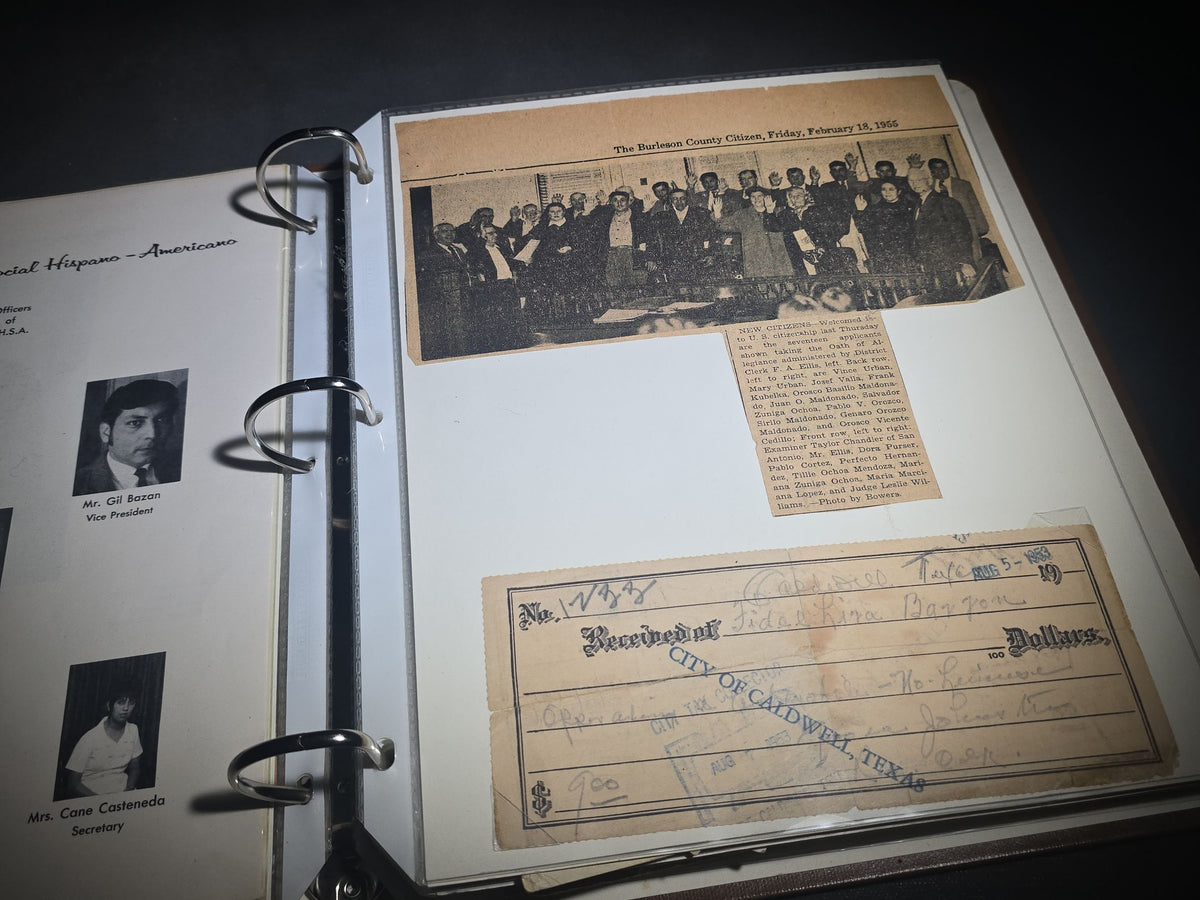 Vintage Mexican-American Family Photo Album and Scrapbook, Barron and Lira Families, Caldwell, Texas, Circa 1930s-1950s, Including Photographs, Marriage Certificate, Newspaper Clippings, and Ephemera