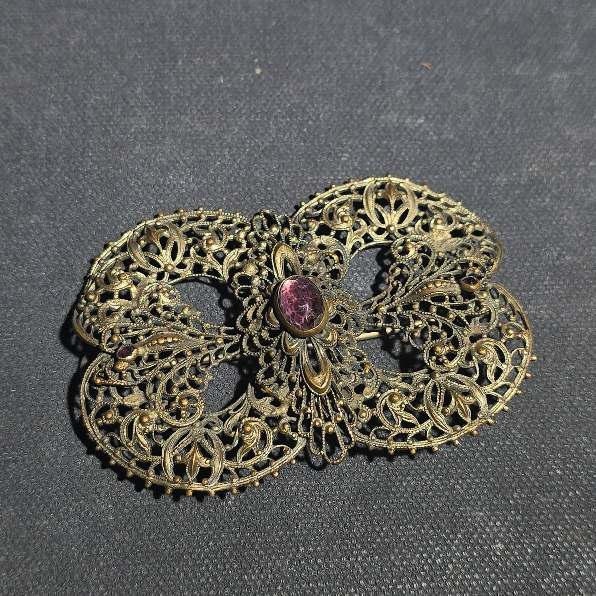 Pair of Antique Filigree Accessories including a Brooch with Purple Glass Cabochon and a Miniature Hand Mirror