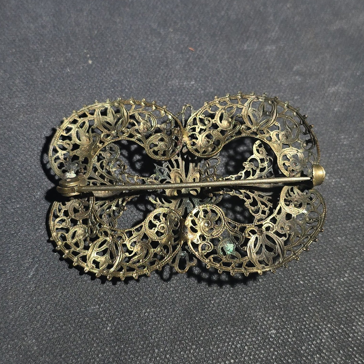 Pair of Antique Filigree Accessories including a Brooch with Purple Glass Cabochon and a Miniature Hand Mirror