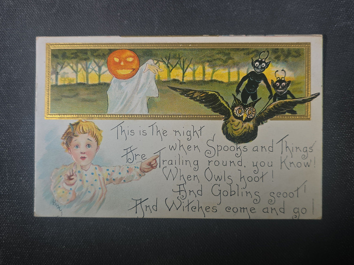 Antique Halloween Postcard with Ghost, Jack-O-Lantern, Goblins, and Owl, L. & E. Serie 2262, Postmarked Providence, Rhode Island, October 30