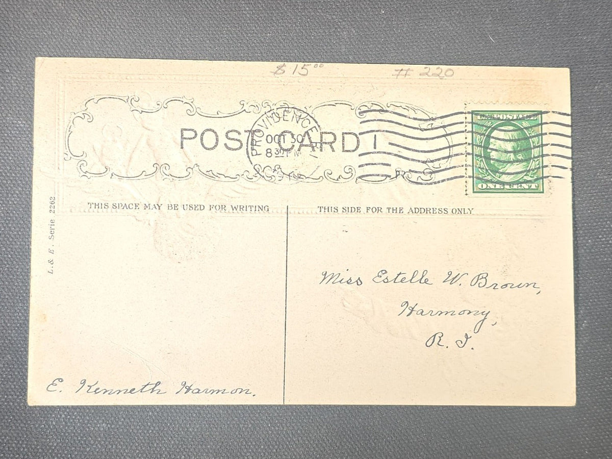 Antique Halloween Postcard with Ghost, Jack-O-Lantern, Goblins, and Owl, L. & E. Serie 2262, Postmarked Providence, Rhode Island, October 30