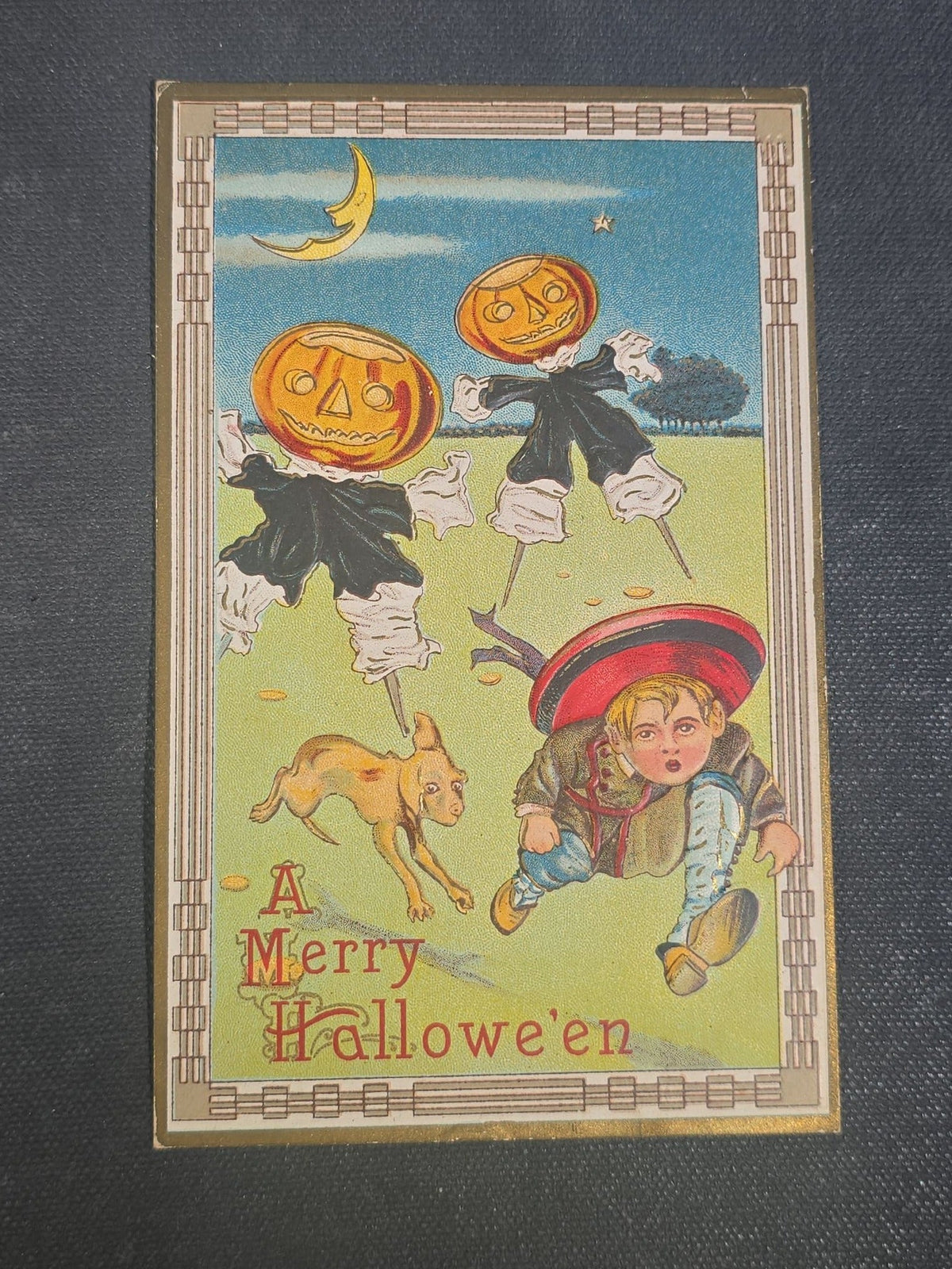 Antique "A Merry Hallowe'en" Halloween Postcard with Jack-O-Lantern Scarecrows, Boy, and Dog, Postmarked 1915, Addressed to Harmony, Rhode Island