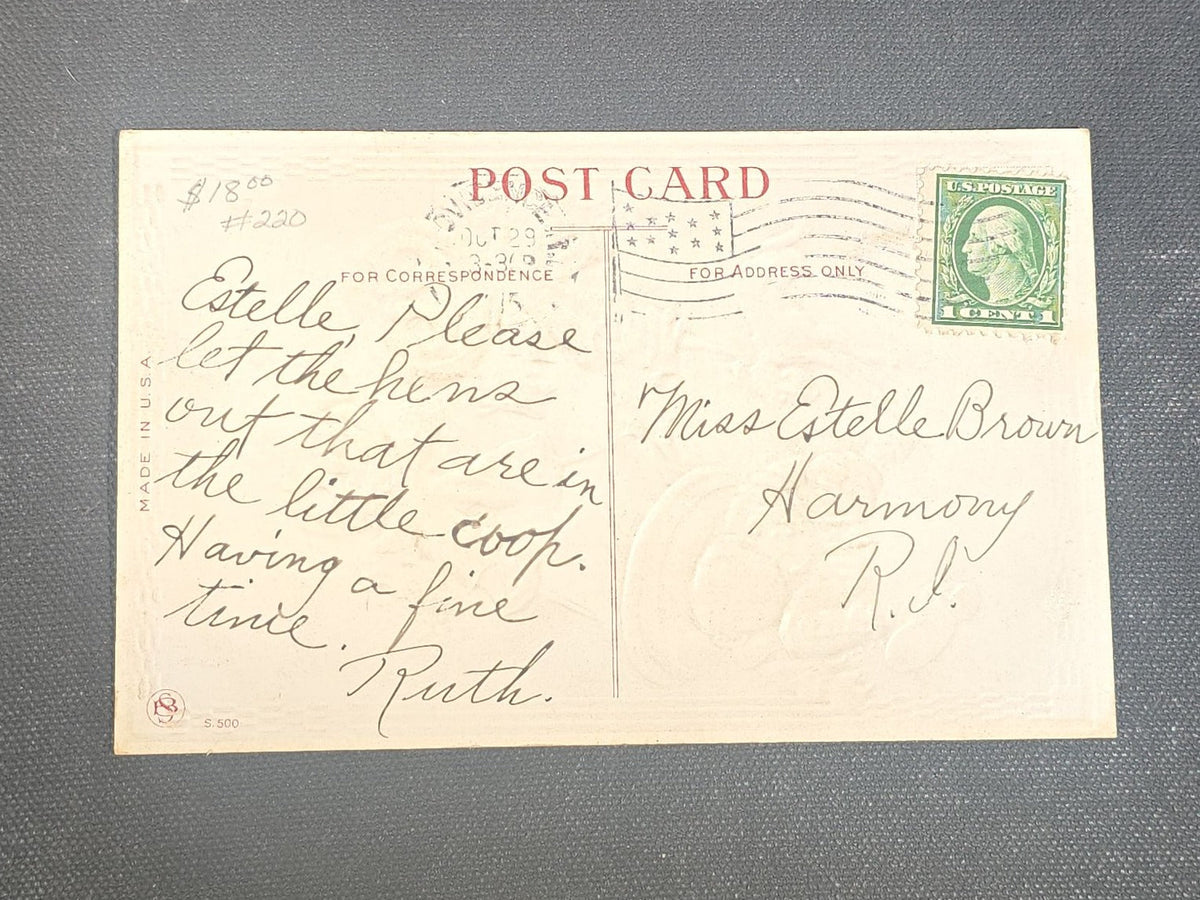 Antique "A Merry Hallowe'en" Halloween Postcard with Jack-O-Lantern Scarecrows, Boy, and Dog, Postmarked 1915, Addressed to Harmony, Rhode Island