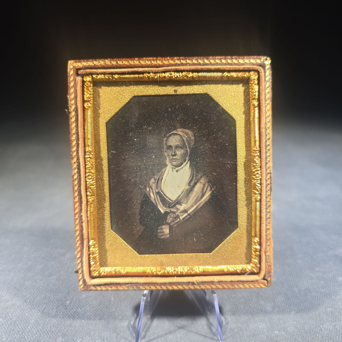 Antique 1/6th Plate Daguerreotype Photograph of a Woman Wearing a Bonnet and Shawl in Half Leatherette Case