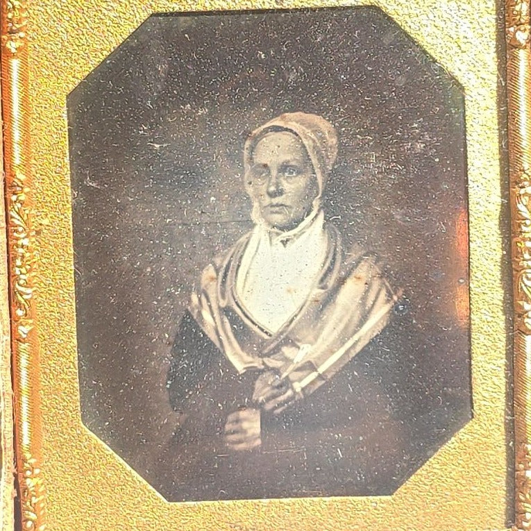 Antique 1/6th Plate Daguerreotype Photograph of a Woman Wearing a Bonnet and Shawl in Half Leatherette Case