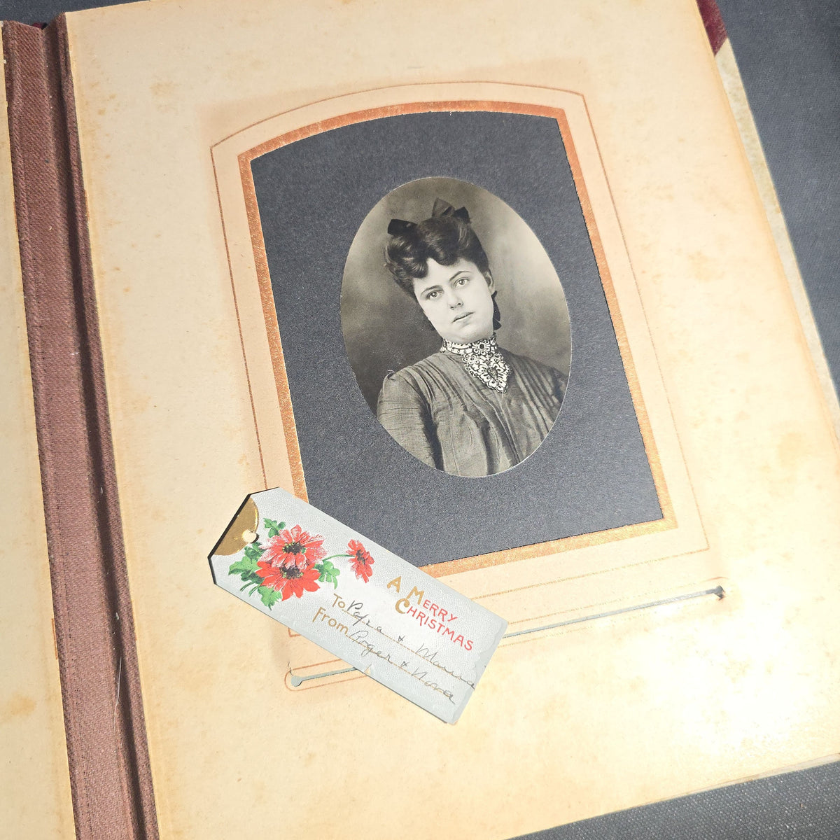 Antique Victorian Celluloid Cover Cabinet Card and C.D.V. Photograph Album with Two Women Among Tulips