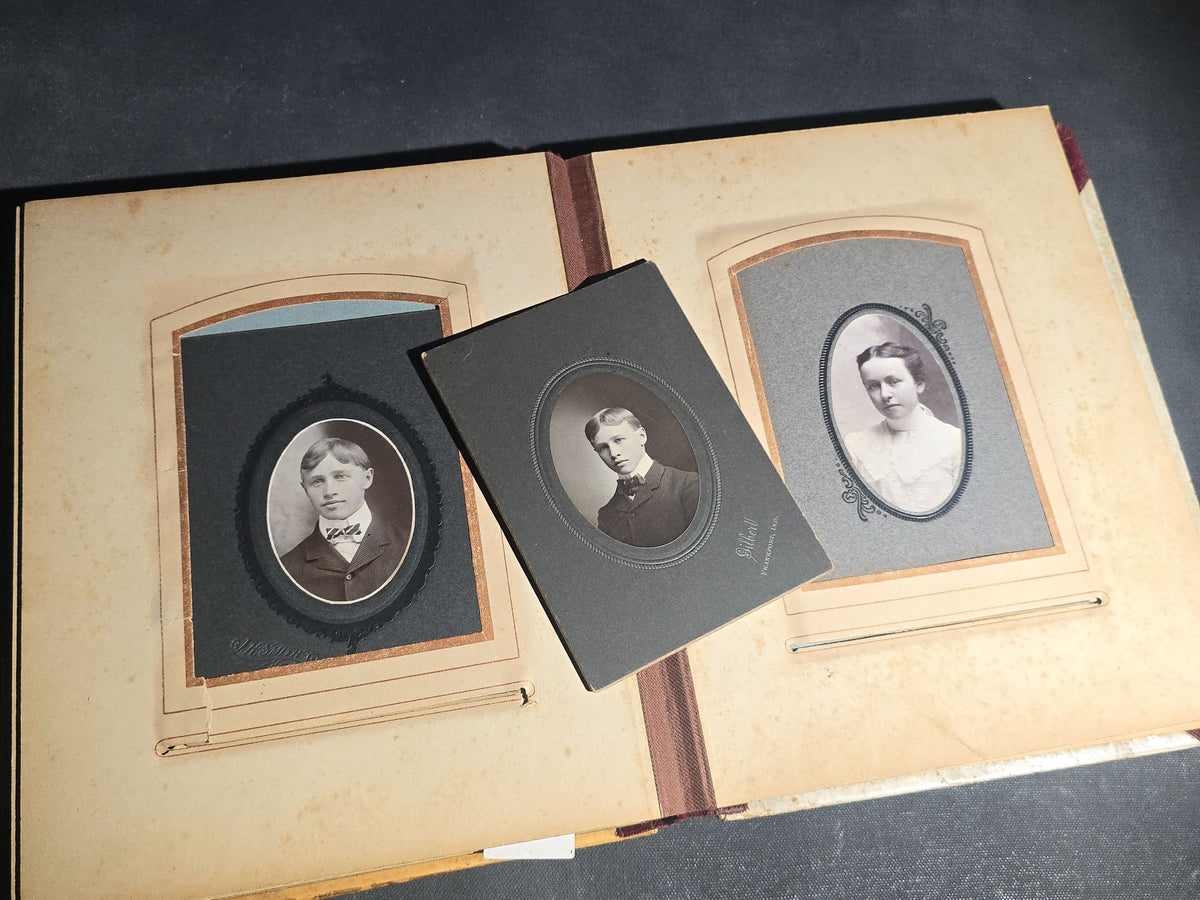 Antique Victorian Celluloid Cover Cabinet Card and C.D.V. Photograph Album with Two Women Among Tulips