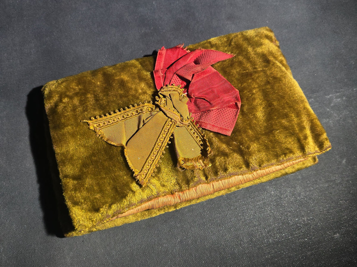 Antique Victorian Velvet Pouch with Ribbon Bow, Passementerie Trim, and Glass Bead Edging, Interior Marked "Annie E. B."
