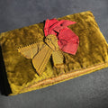 Lot 140 - Antique Victorian Velvet Pouch with Ribbon Bow, Passementerie Trim, and Glass Bead Edging, Interior Marked "Annie E. B.", 8-1/2" W