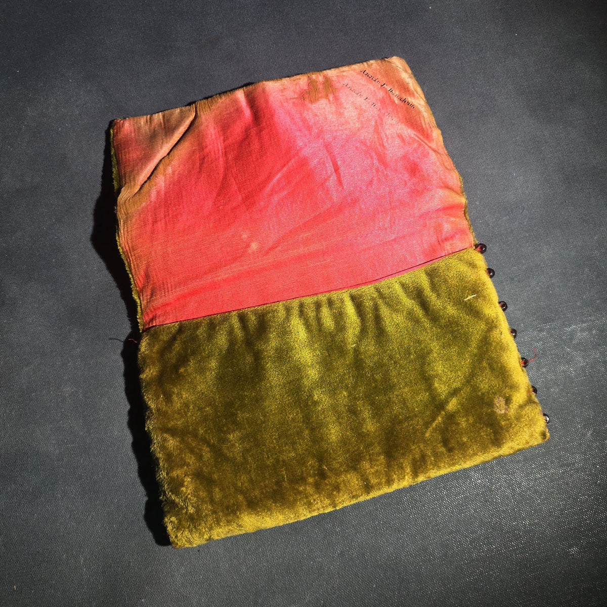 Antique Victorian Velvet Pouch with Ribbon Bow, Passementerie Trim, and Glass Bead Edging, Interior Marked "Annie E. B."