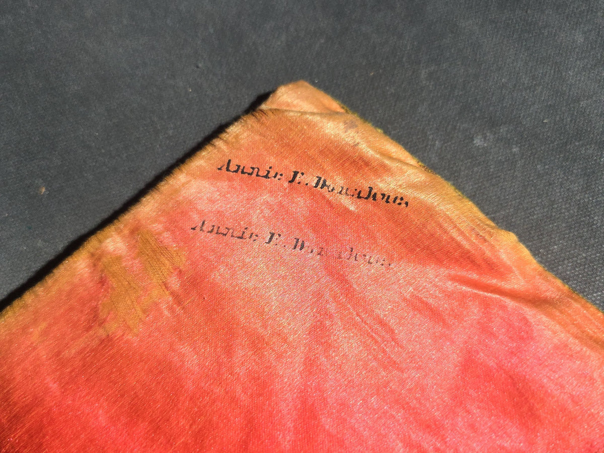 Antique Victorian Velvet Pouch with Ribbon Bow, Passementerie Trim, and Glass Bead Edging, Interior Marked "Annie E. B."