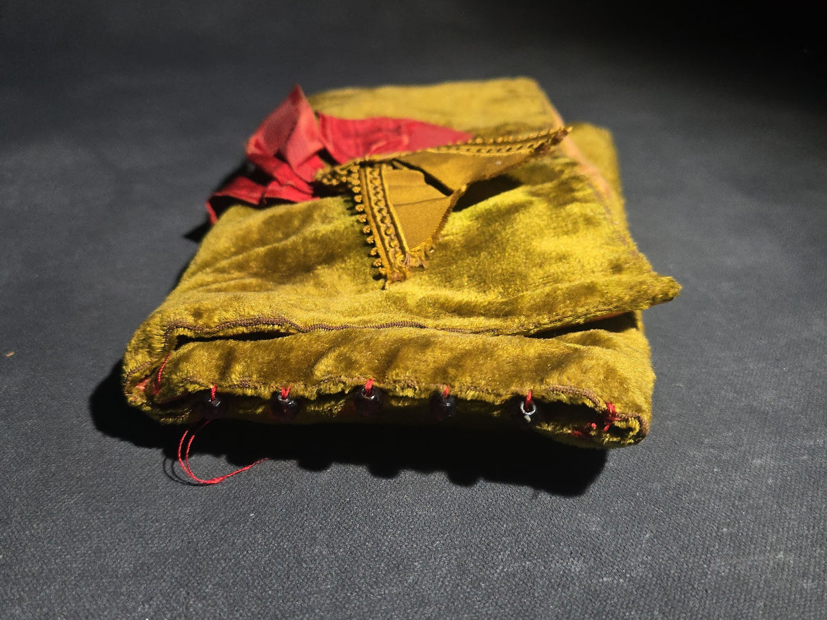Antique Victorian Velvet Pouch with Ribbon Bow, Passementerie Trim, and Glass Bead Edging, Interior Marked "Annie E. B."