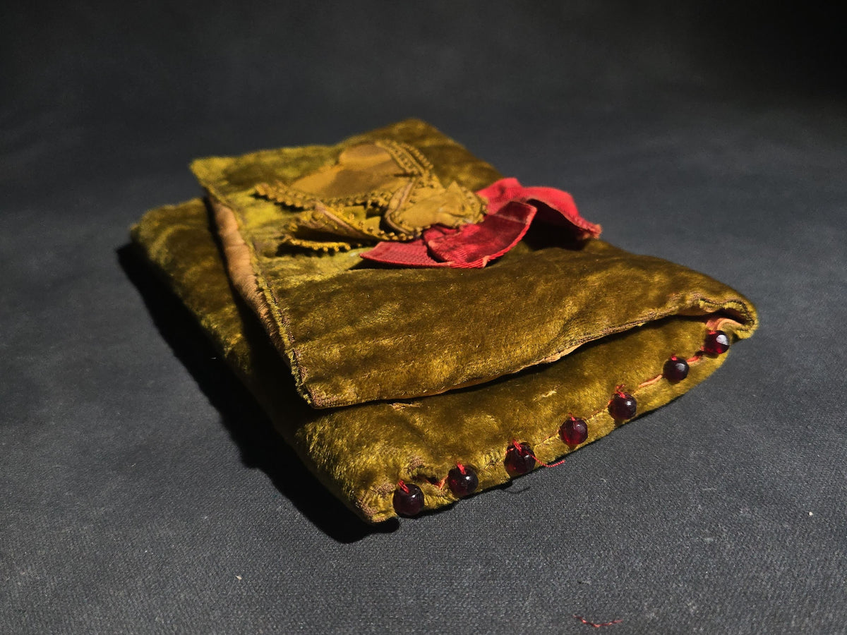 Antique Victorian Velvet Pouch with Ribbon Bow, Passementerie Trim, and Glass Bead Edging, Interior Marked "Annie E. B."